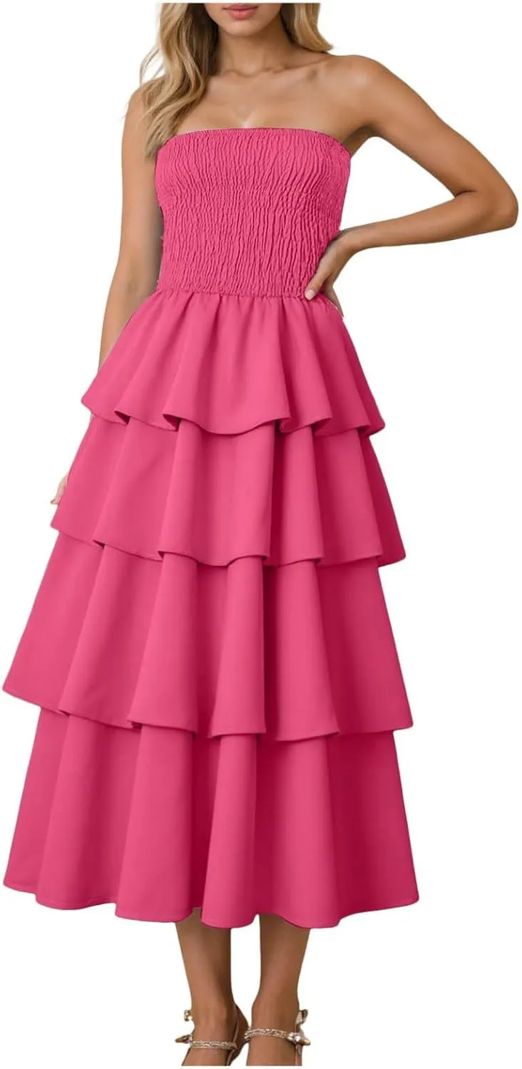 Womens Summer Boho Strapless Maxi Dress 2025 Casual Sleeveless Off Shoulder Smocked Tiered Flowy A-Line Beach Long Sundress