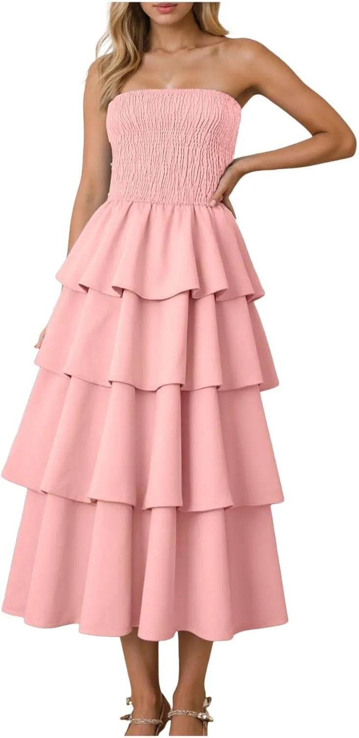 Womens Summer Boho Strapless Maxi Dress 2025 Casual Sleeveless Off Shoulder Smocked Tiered Flowy A-Line Beach Long Sundress