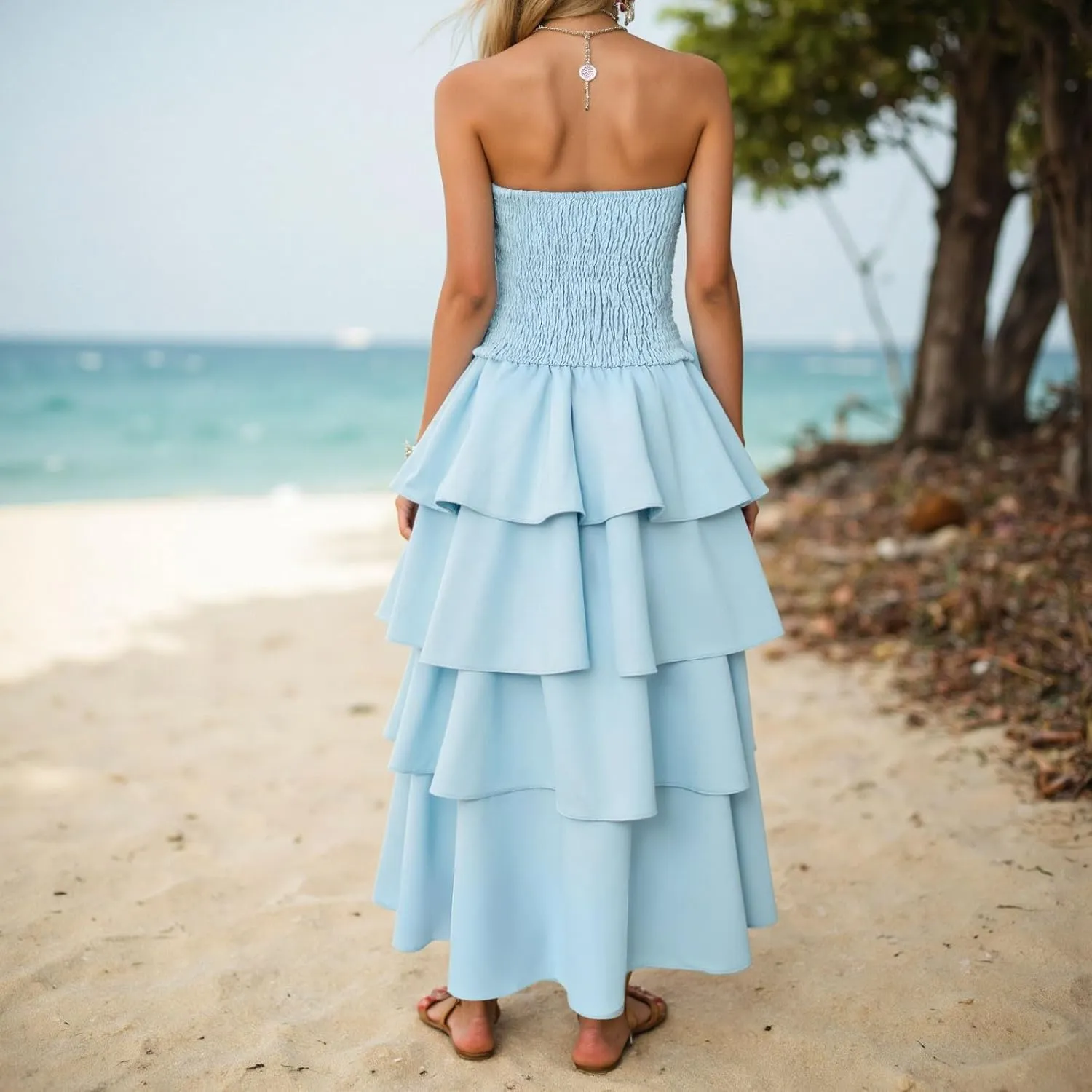 Womens Summer Boho Strapless Maxi Dress 2025 Casual Sleeveless Off Shoulder Smocked Tiered Flowy A-Line Beach Long Sundress