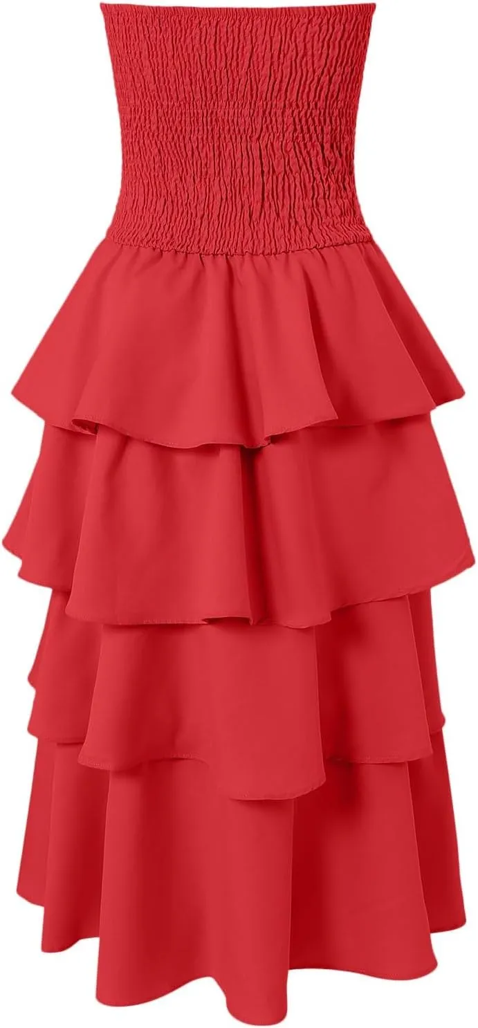 Womens Summer Boho Strapless Maxi Dress 2025 Casual Sleeveless Off Shoulder Smocked Tiered Flowy A-Line Beach Long Sundress