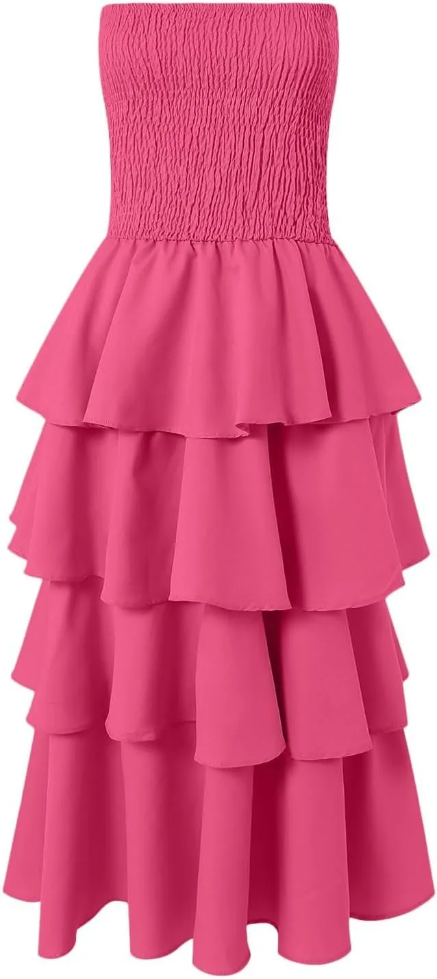 Womens Summer Boho Strapless Maxi Dress 2025 Casual Sleeveless Off Shoulder Smocked Tiered Flowy A-Line Beach Long Sundress