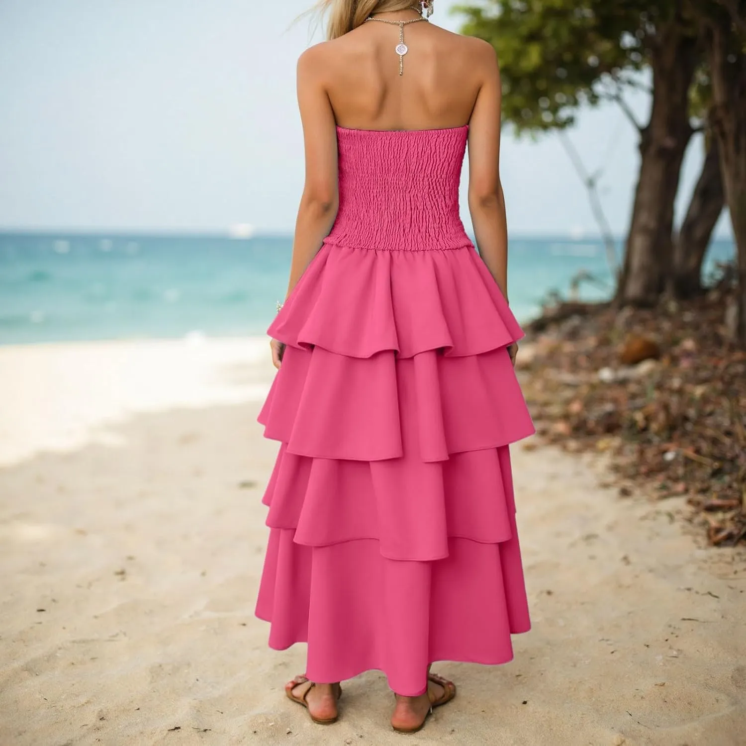 Womens Summer Boho Strapless Maxi Dress 2025 Casual Sleeveless Off Shoulder Smocked Tiered Flowy A-Line Beach Long Sundress