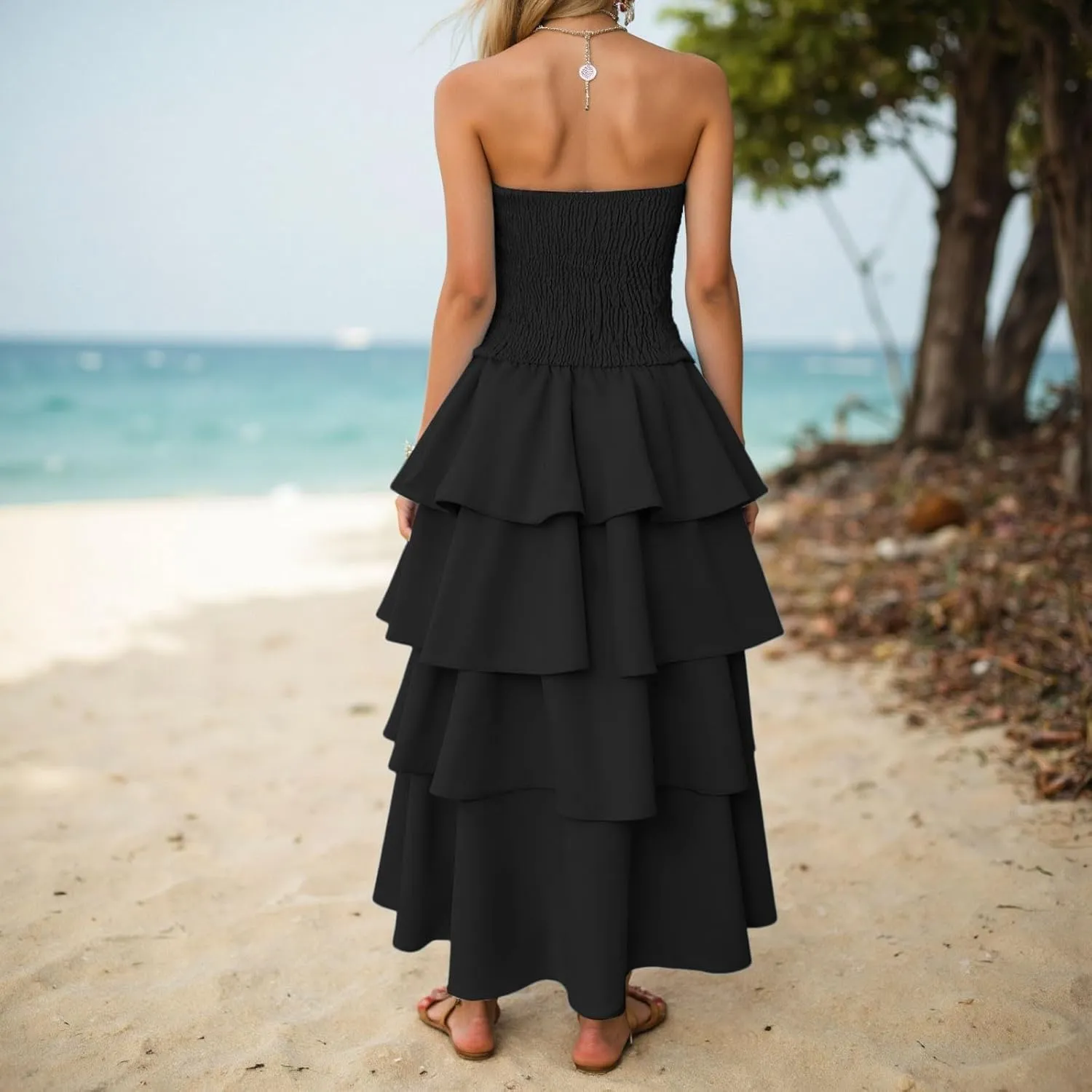 Womens Summer Boho Strapless Maxi Dress 2025 Casual Sleeveless Off Shoulder Smocked Tiered Flowy A-Line Beach Long Sundress