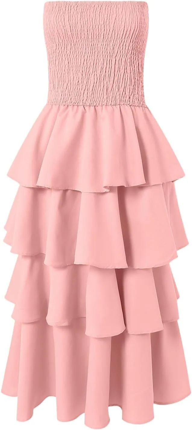 Womens Summer Boho Strapless Maxi Dress 2025 Casual Sleeveless Off Shoulder Smocked Tiered Flowy A-Line Beach Long Sundress