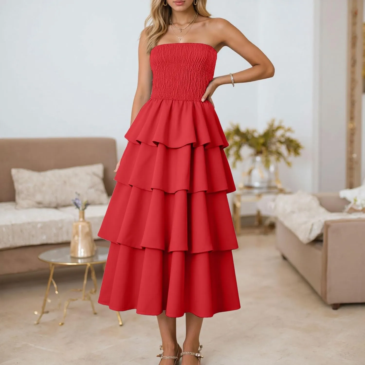 Womens Summer Boho Strapless Maxi Dress 2025 Casual Sleeveless Off Shoulder Smocked Tiered Flowy A-Line Beach Long Sundress