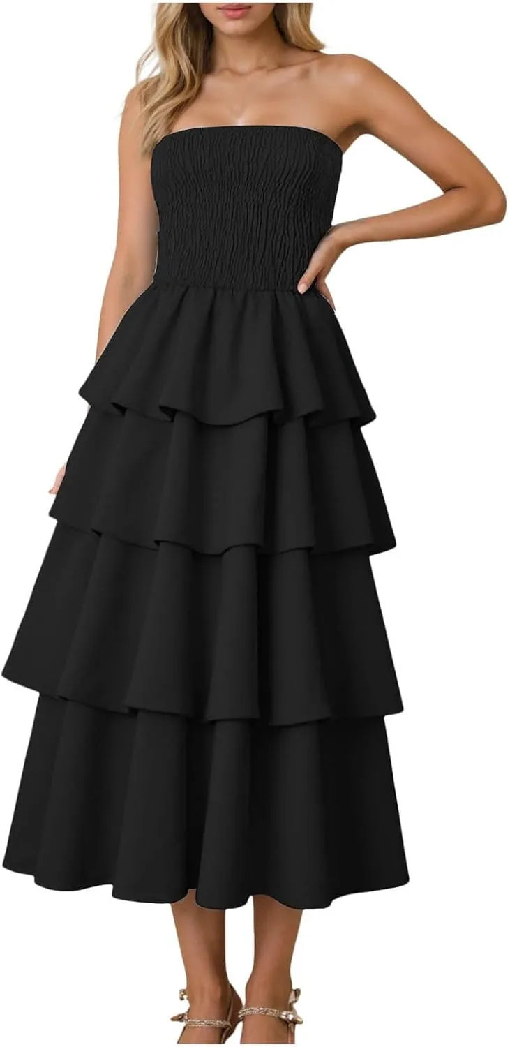 Womens Summer Boho Strapless Maxi Dress 2025 Casual Sleeveless Off Shoulder Smocked Tiered Flowy A-Line Beach Long Sundress