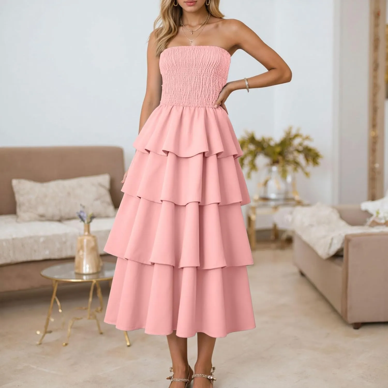 Womens Summer Boho Strapless Maxi Dress 2025 Casual Sleeveless Off Shoulder Smocked Tiered Flowy A-Line Beach Long Sundress