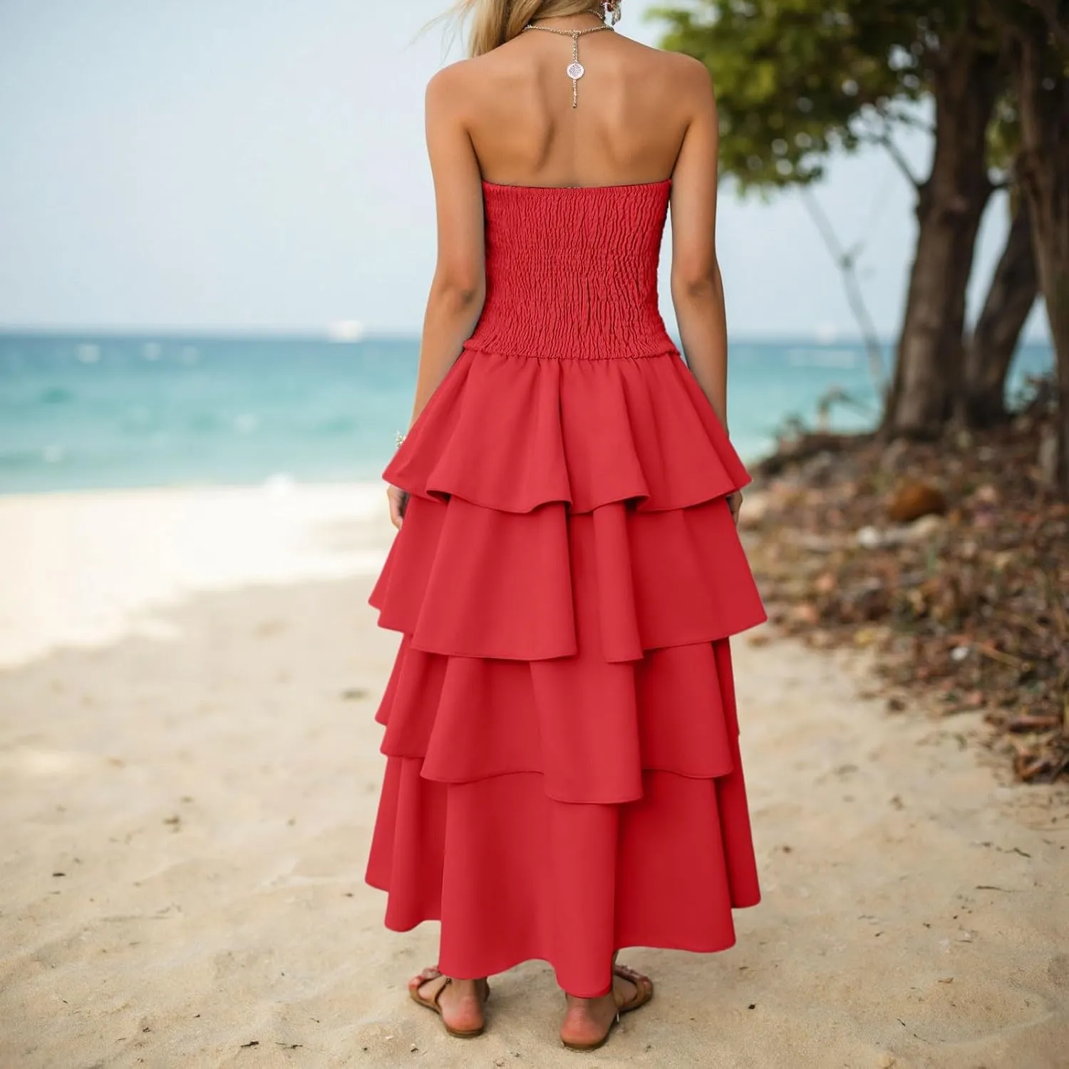 Womens Summer Boho Strapless Maxi Dress 2025 Casual Sleeveless Off Shoulder Smocked Tiered Flowy A-Line Beach Long Sundress