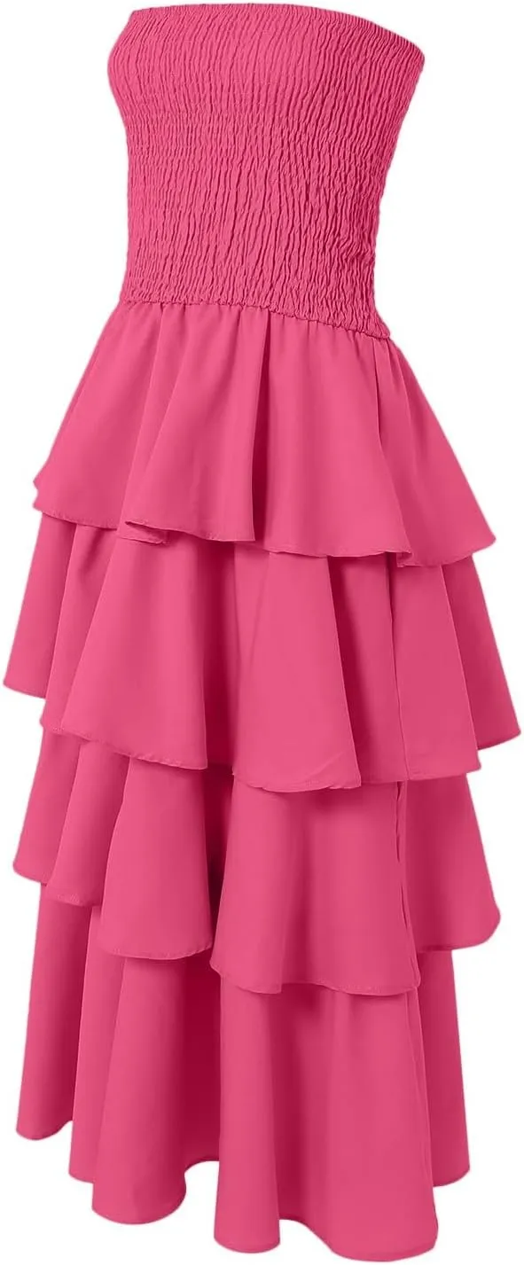 Womens Summer Boho Strapless Maxi Dress 2025 Casual Sleeveless Off Shoulder Smocked Tiered Flowy A-Line Beach Long Sundress