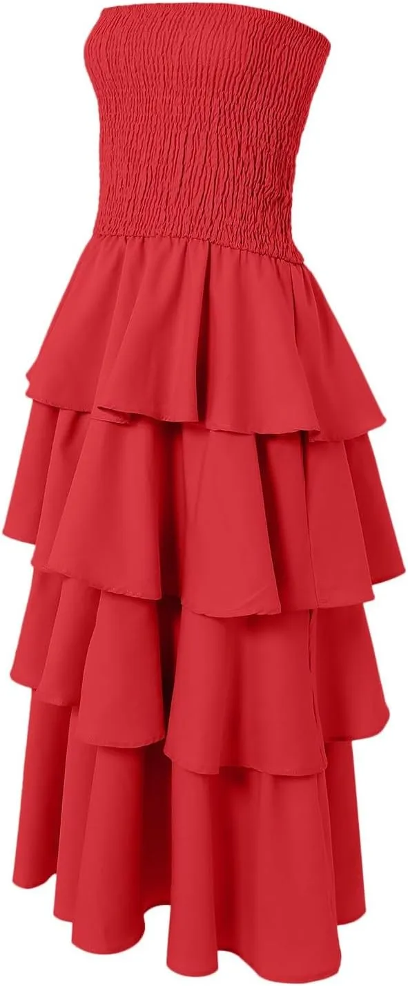 Womens Summer Boho Strapless Maxi Dress 2025 Casual Sleeveless Off Shoulder Smocked Tiered Flowy A-Line Beach Long Sundress
