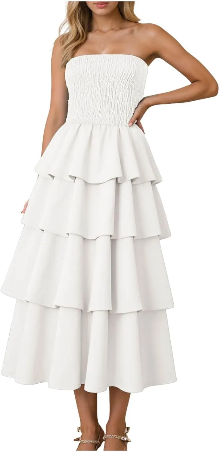 Womens Summer Boho Strapless Maxi Dress 2025 Casual Sleeveless Off Shoulder Smocked Tiered Flowy A-Line Beach Long Sundress