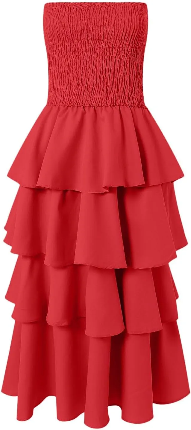 Womens Summer Boho Strapless Maxi Dress 2025 Casual Sleeveless Off Shoulder Smocked Tiered Flowy A-Line Beach Long Sundress