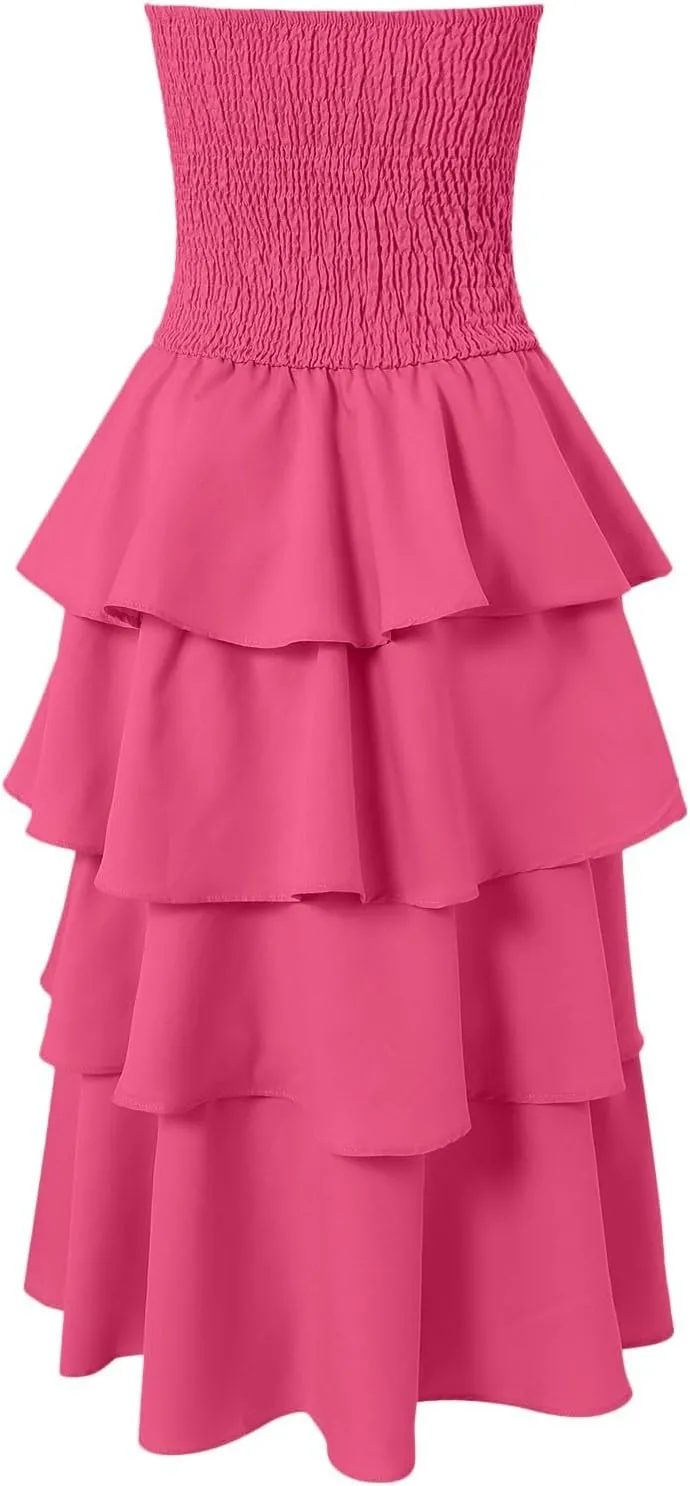 Womens Summer Boho Strapless Maxi Dress 2025 Casual Sleeveless Off Shoulder Smocked Tiered Flowy A-Line Beach Long Sundress