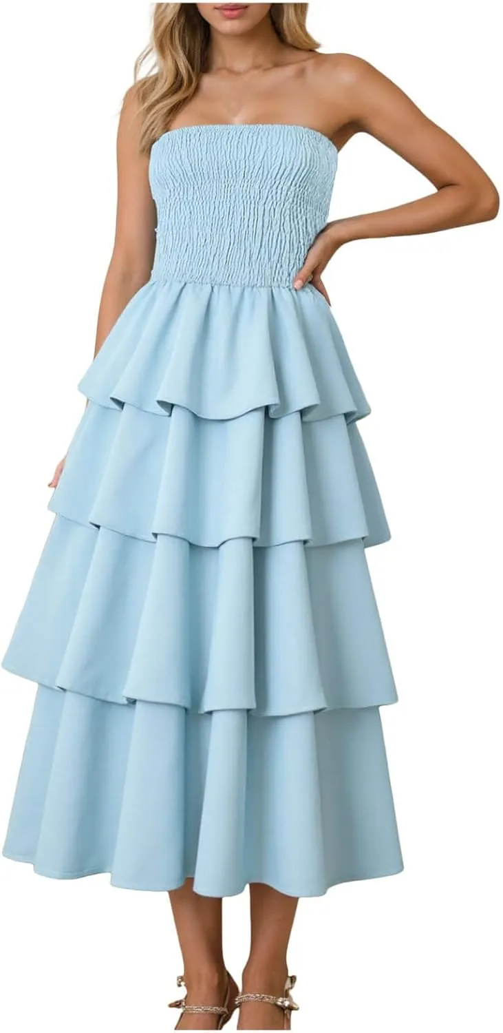 Womens Summer Boho Strapless Maxi Dress 2025 Casual Sleeveless Off Shoulder Smocked Tiered Flowy A-Line Beach Long Sundress