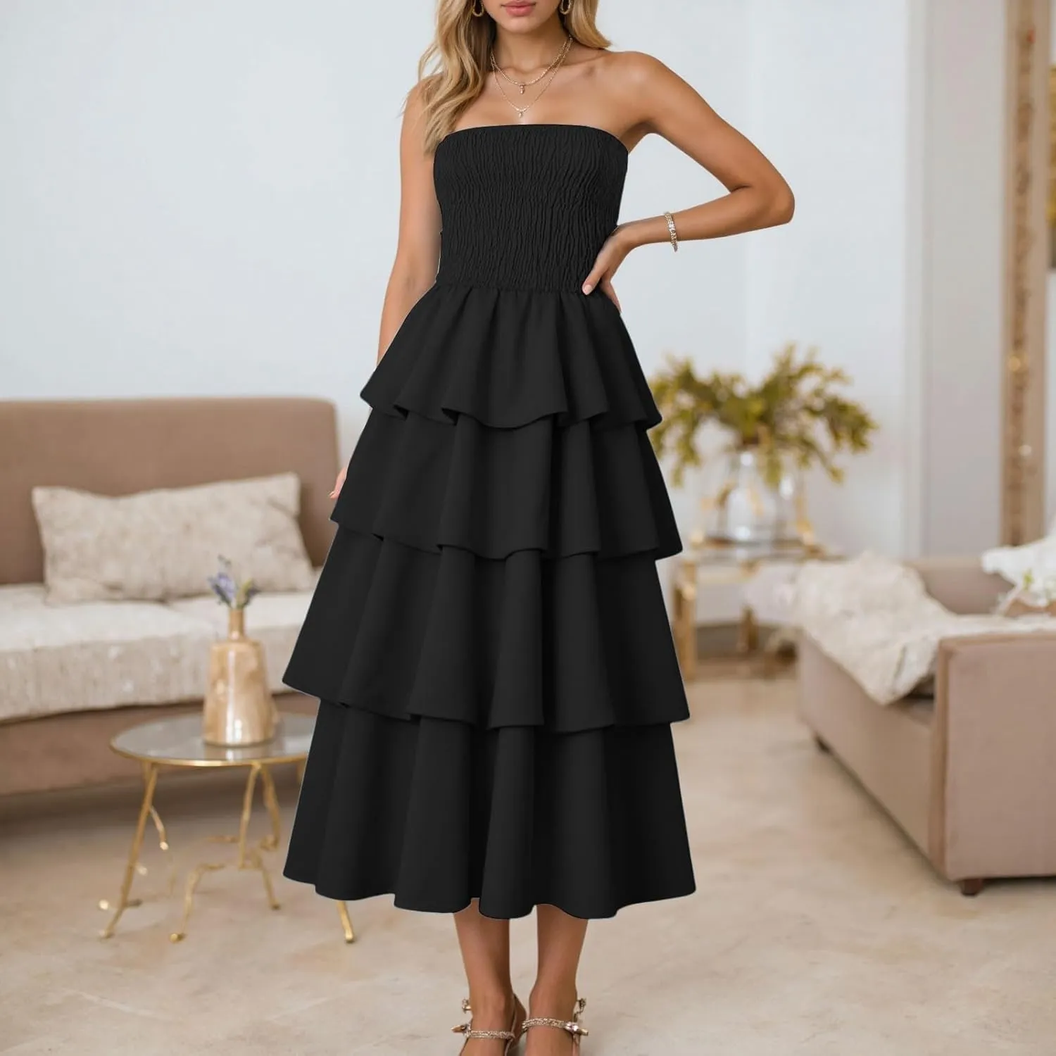 Womens Summer Boho Strapless Maxi Dress 2025 Casual Sleeveless Off Shoulder Smocked Tiered Flowy A-Line Beach Long Sundress