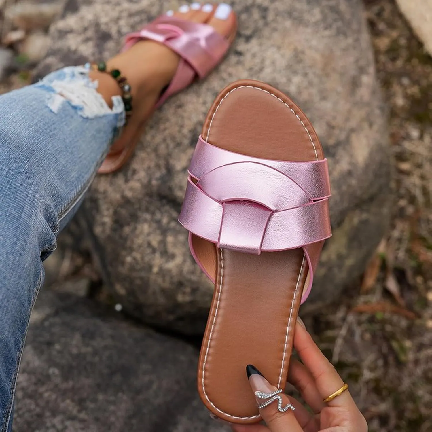 Women's Summer Flat Slippers Slip On Casual Sandals Breathable Open Toe Slingback Shoes Outdoor Beach Sandals