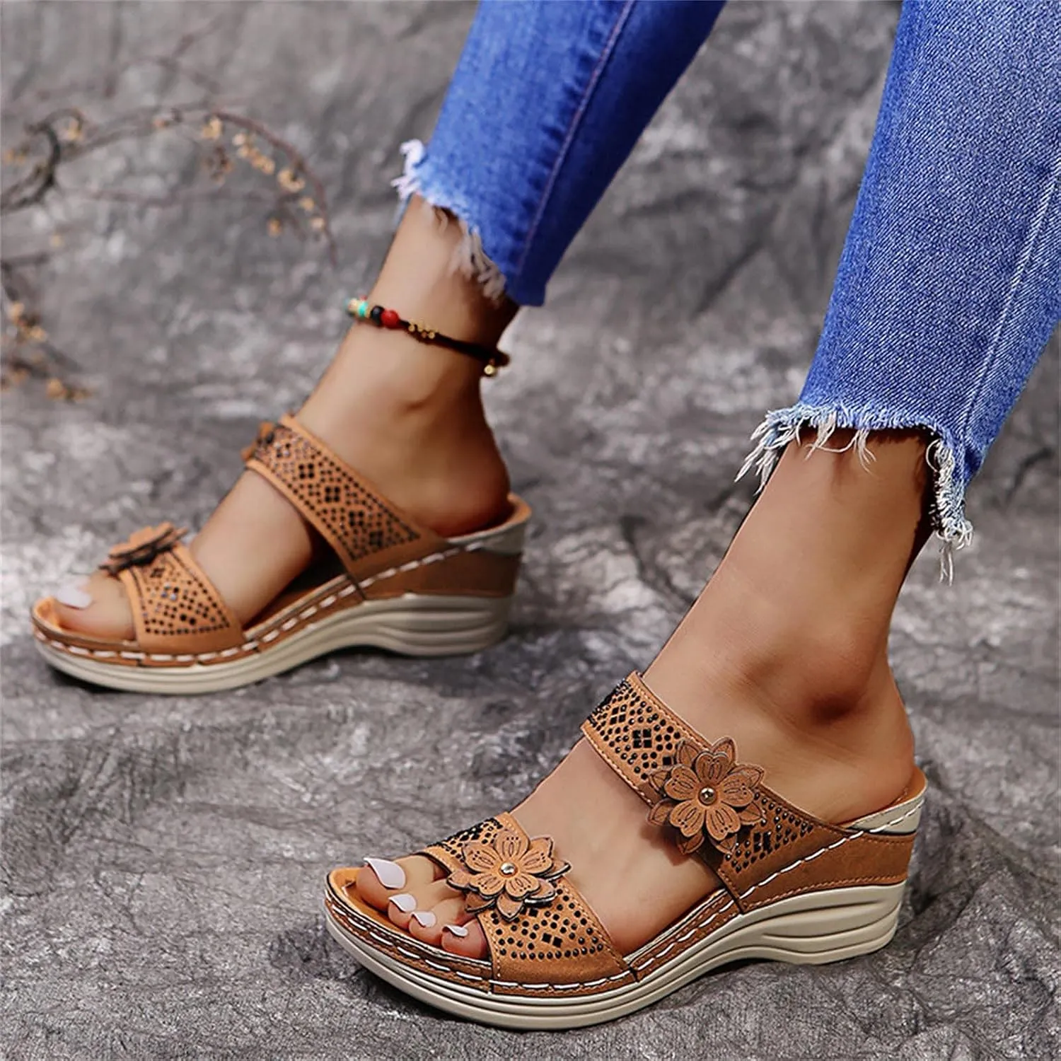 Women's Summer Sandals Arch Support Orthopedic Wedge Sandal Open Toe Slip On Platform Shoes Comfortable Walking Slides