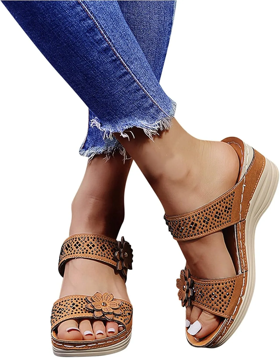 Women's Summer Sandals Arch Support Orthopedic Wedge Sandal Open Toe Slip On Platform Shoes Comfortable Walking Slides