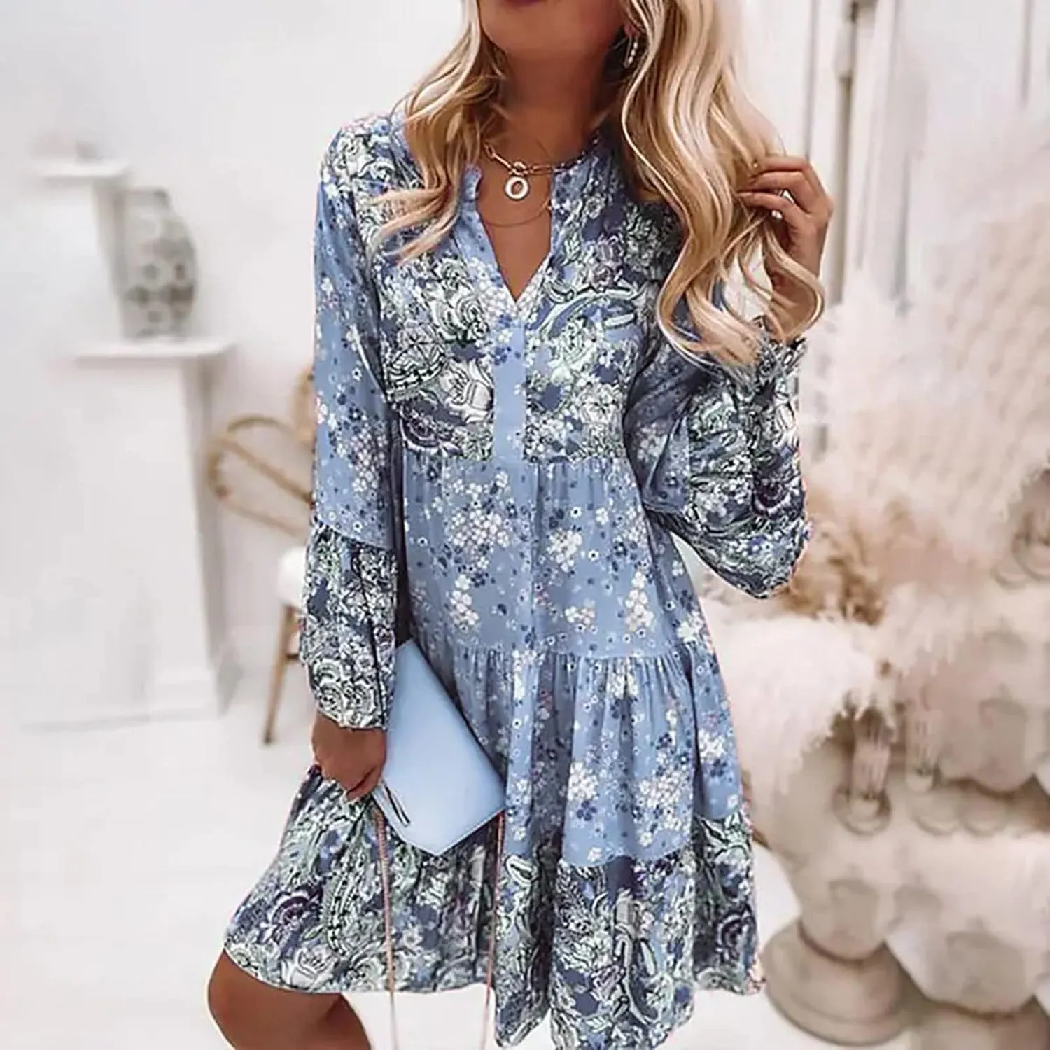 Women's Summer Sundress Long Sleeve Boho Floral Print Sun Dresses for Women Beach Patchwork Skirt 2025 Party Dresses