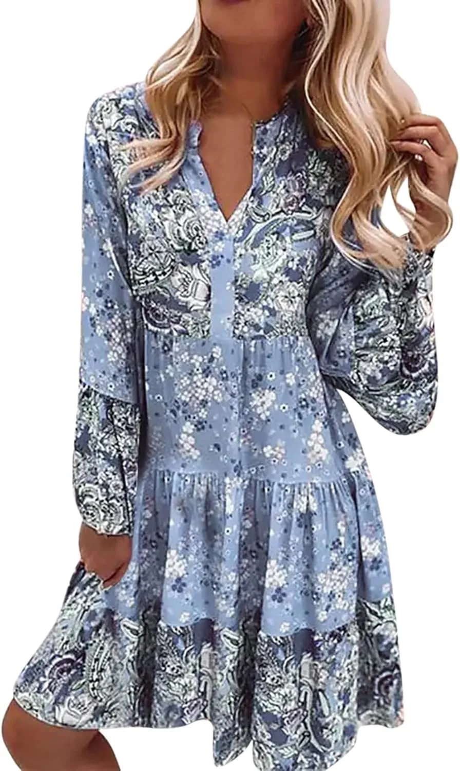 Women's Summer Sundress Long Sleeve Boho Floral Print Sun Dresses for Women Beach Patchwork Skirt 2025 Party Dresses