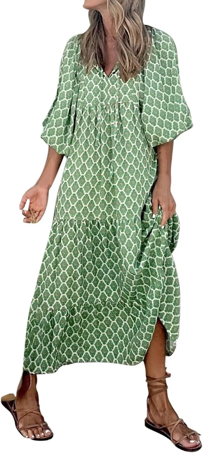 Womens Sundress Long Puff Sleeve V Neck Floral Beach Cover Ups Travel Vacation 2025 Summer Travel Vacation Outfits