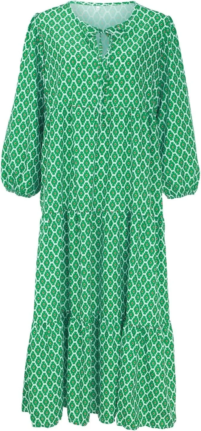 Womens Sundress Long Puff Sleeve V Neck Floral Beach Cover Ups Travel Vacation 2025 Summer Travel Vacation Outfits