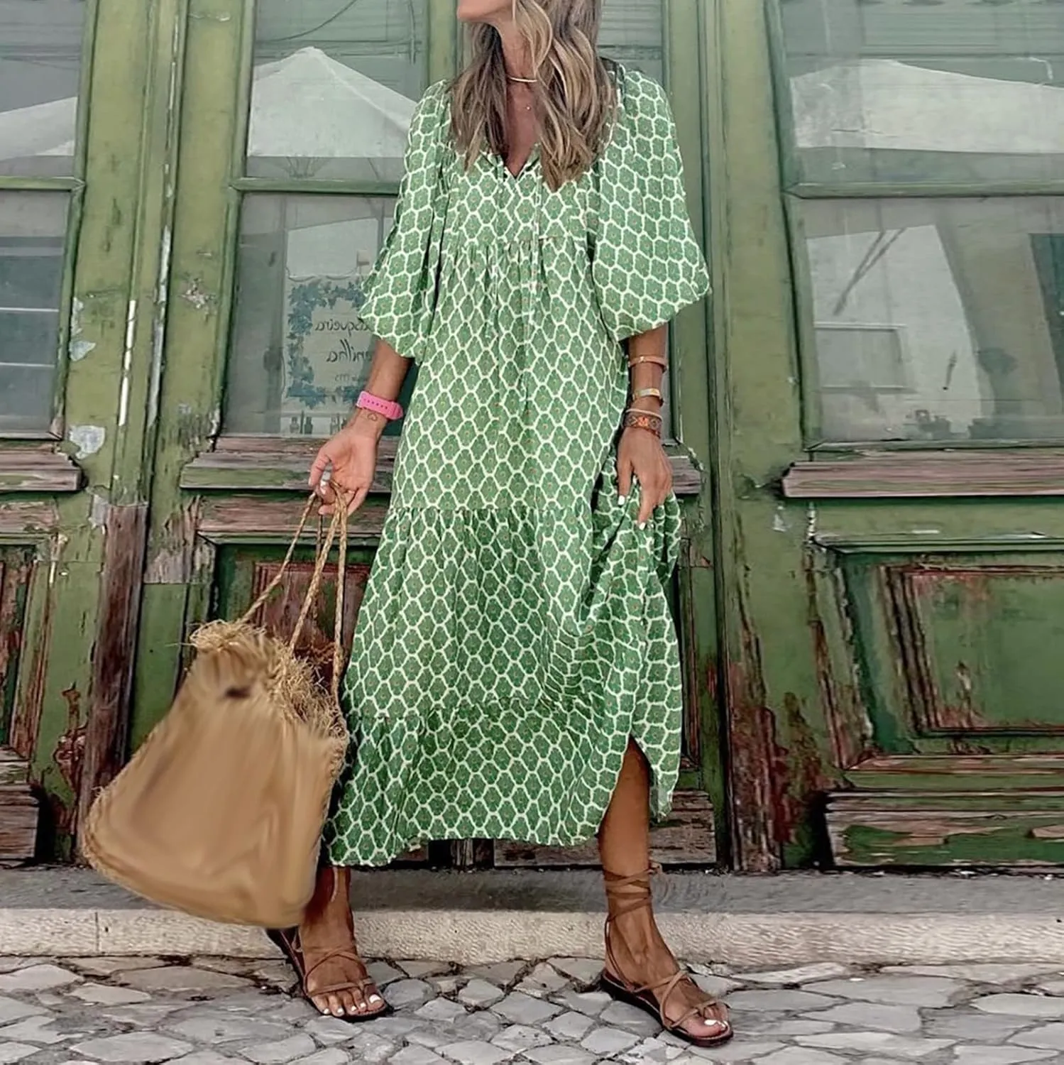 Womens Sundress Long Puff Sleeve V Neck Floral Beach Cover Ups Travel Vacation 2025 Summer Travel Vacation Outfits