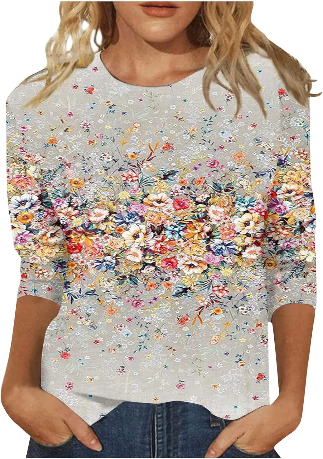 Womens Tops 3/4 Sleeve Shirts Trendy Floral Blouses Casual Loose Fit Summer Tee Crewneck Tunic Tops 2024 S-5XL