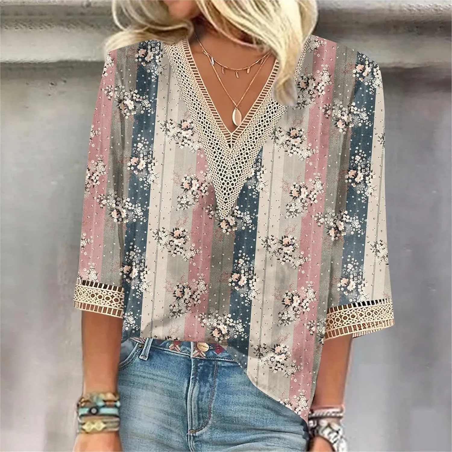 Womens Tops 3/4 Sleeve V Lace-Neck Cute Shirts Casual Print Trendy Tops Three Guarter Length T Shirt Spring Summer Pullover