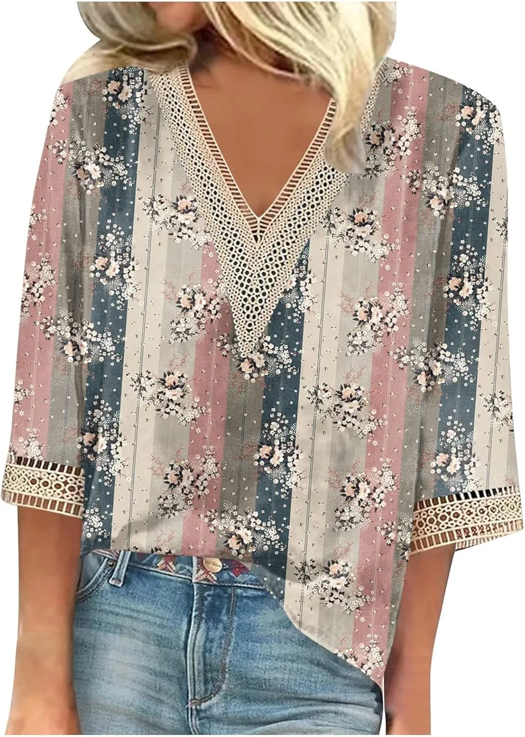 Womens Tops 3/4 Sleeve V Lace-Neck Cute Shirts Casual Print Trendy Tops Three Guarter Length T Shirt Spring Summer Pullover