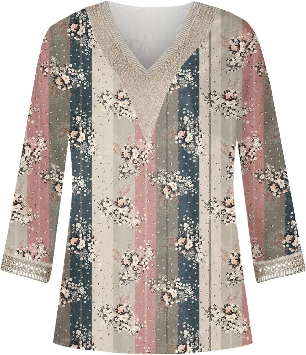 Womens Tops 3/4 Sleeve V Lace-Neck Cute Shirts Casual Print Trendy Tops Three Guarter Length T Shirt Spring Summer Pullover
