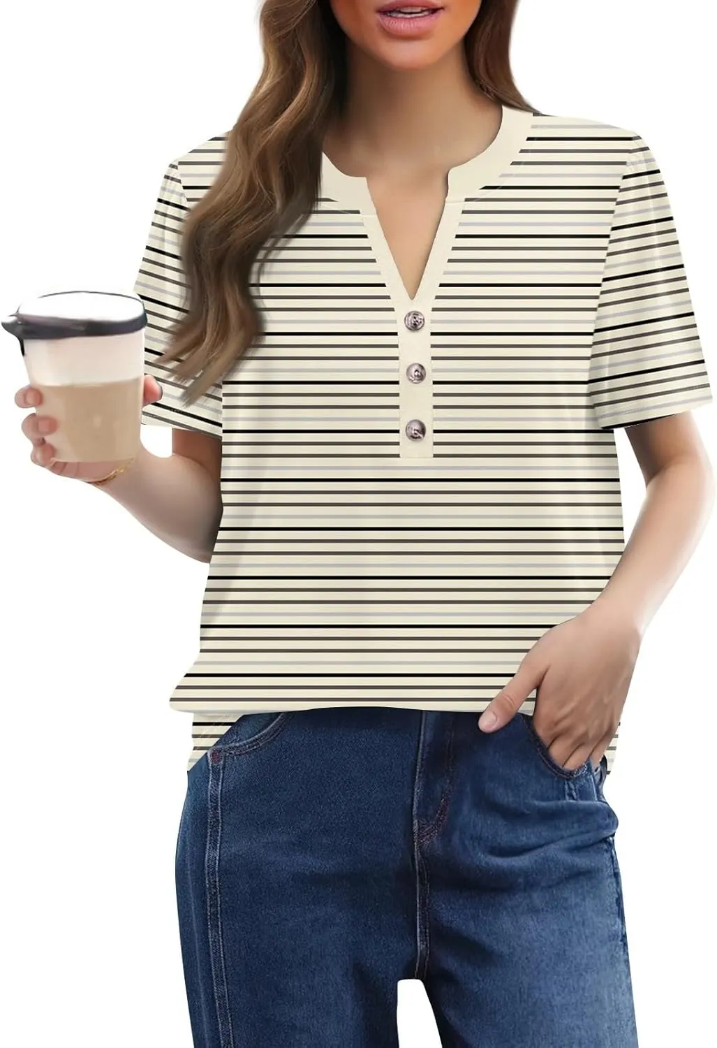 Womens Tops Trendy V Neck Button Down Short Sleeve Shirts Business Casual Basic Tee Loose Fit