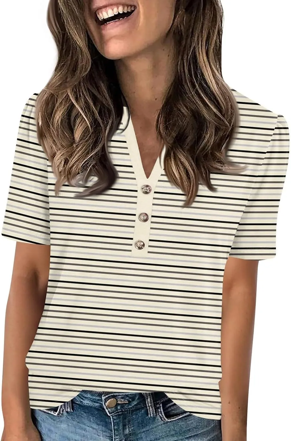 Womens Tops Trendy V Neck Button Down Short Sleeve Shirts Business Casual Basic Tee Loose Fit