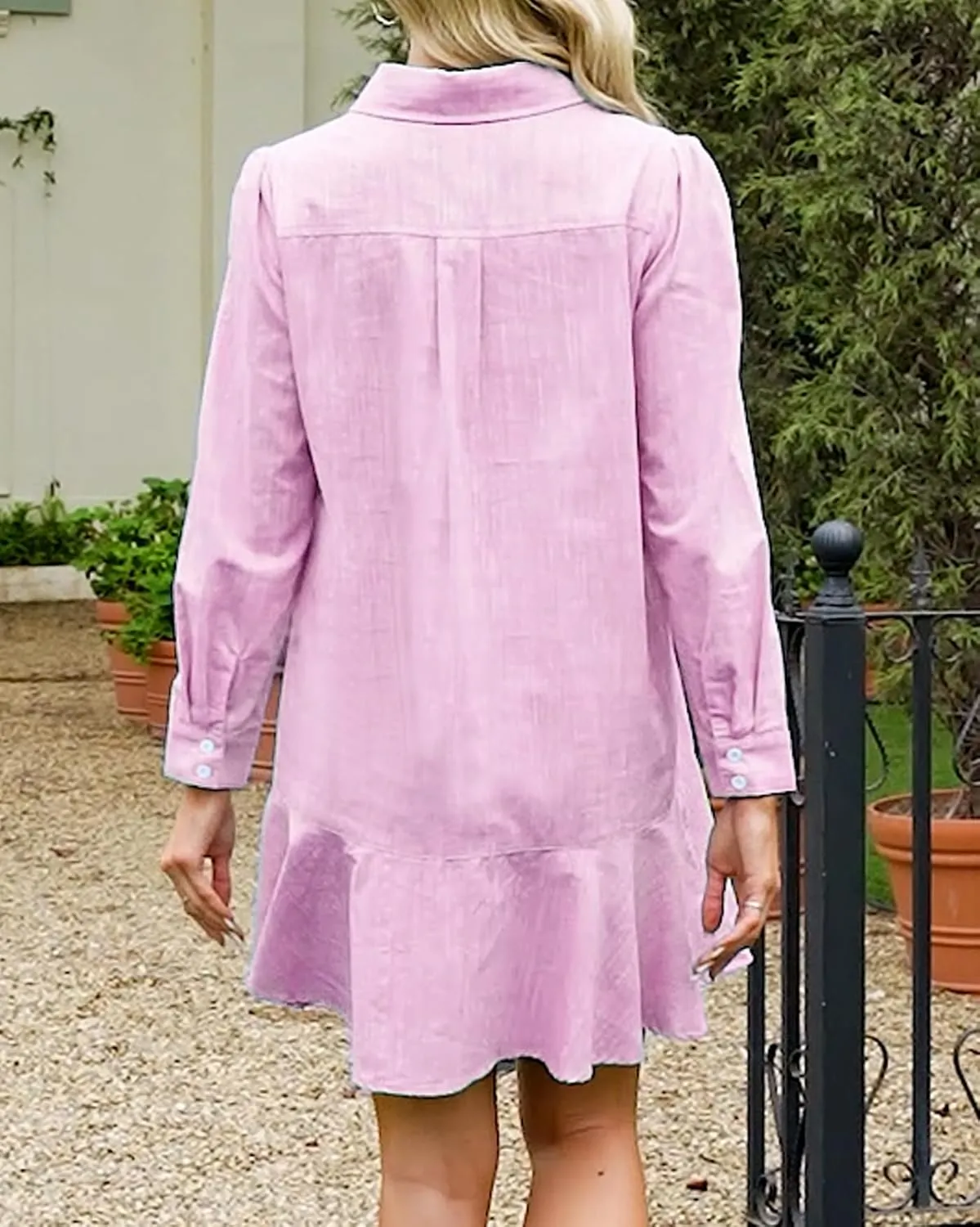 Womens Tunic Shirt Mini Dress Long Sleeve Cotton Short Dress Button Up Ruffle Hem Shift Dresses