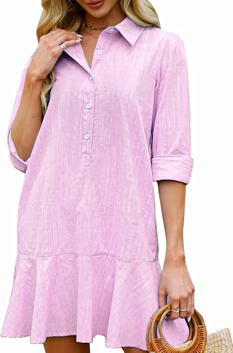Womens Tunic Shirt Mini Dress Long Sleeve Cotton Short Dress Button Up Ruffle Hem Shift Dresses