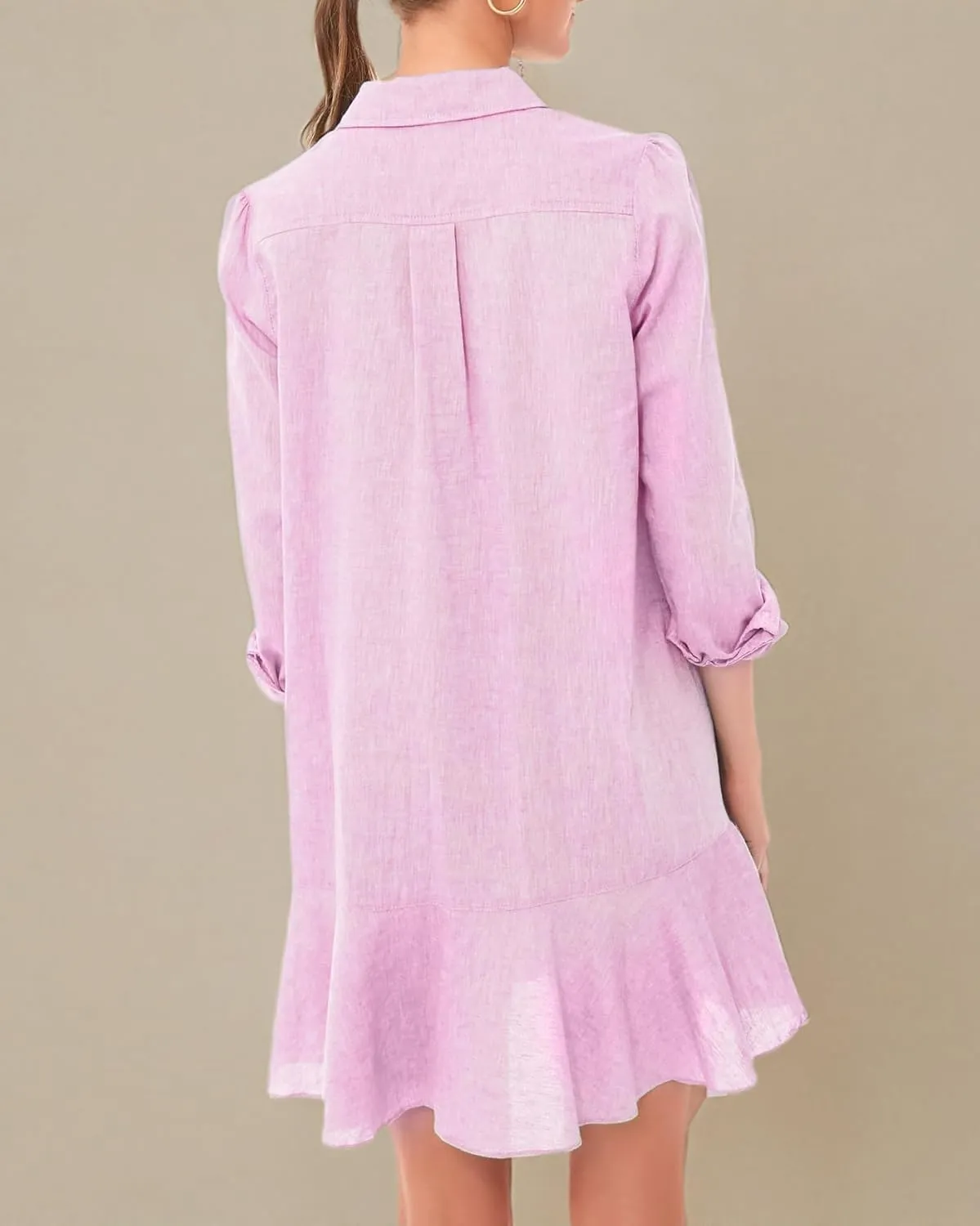 Womens Tunic Shirt Mini Dress Long Sleeve Cotton Short Dress Button Up Ruffle Hem Shift Dresses