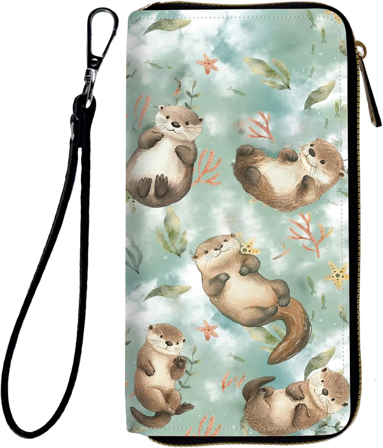 Womens Wallet, PU Leather Zipper Wallet Large Capacity RFID Wallets for Women with Multiple Card Slots & Wristlet, Small Women Wallet Coin Pocket for Men Clutch Travel Purse, Cute Otter