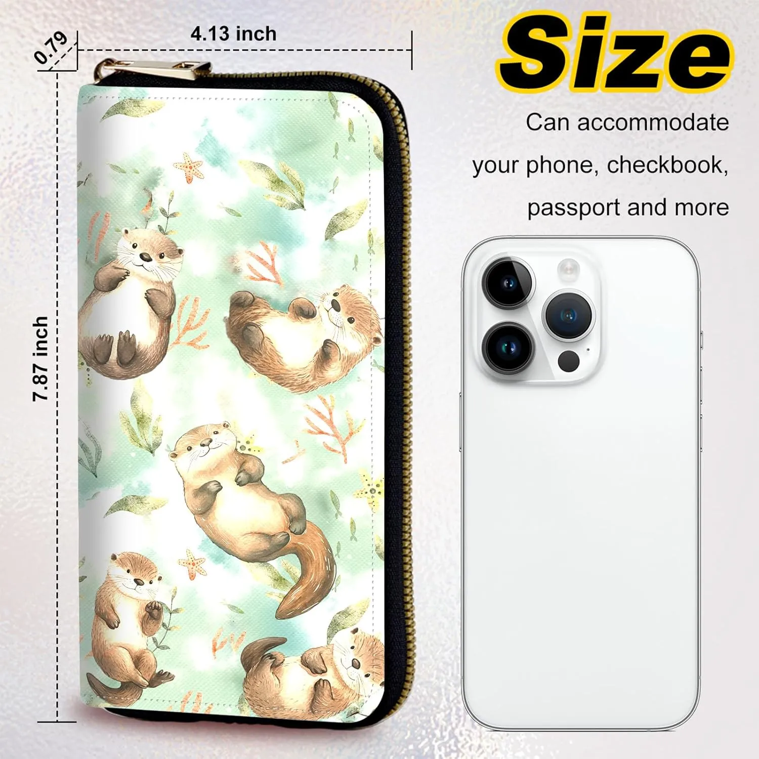 Womens Wallet, PU Leather Zipper Wallet Large Capacity RFID Wallets for Women with Multiple Card Slots & Wristlet, Small Women Wallet Coin Pocket for Men Clutch Travel Purse, Cute Otter