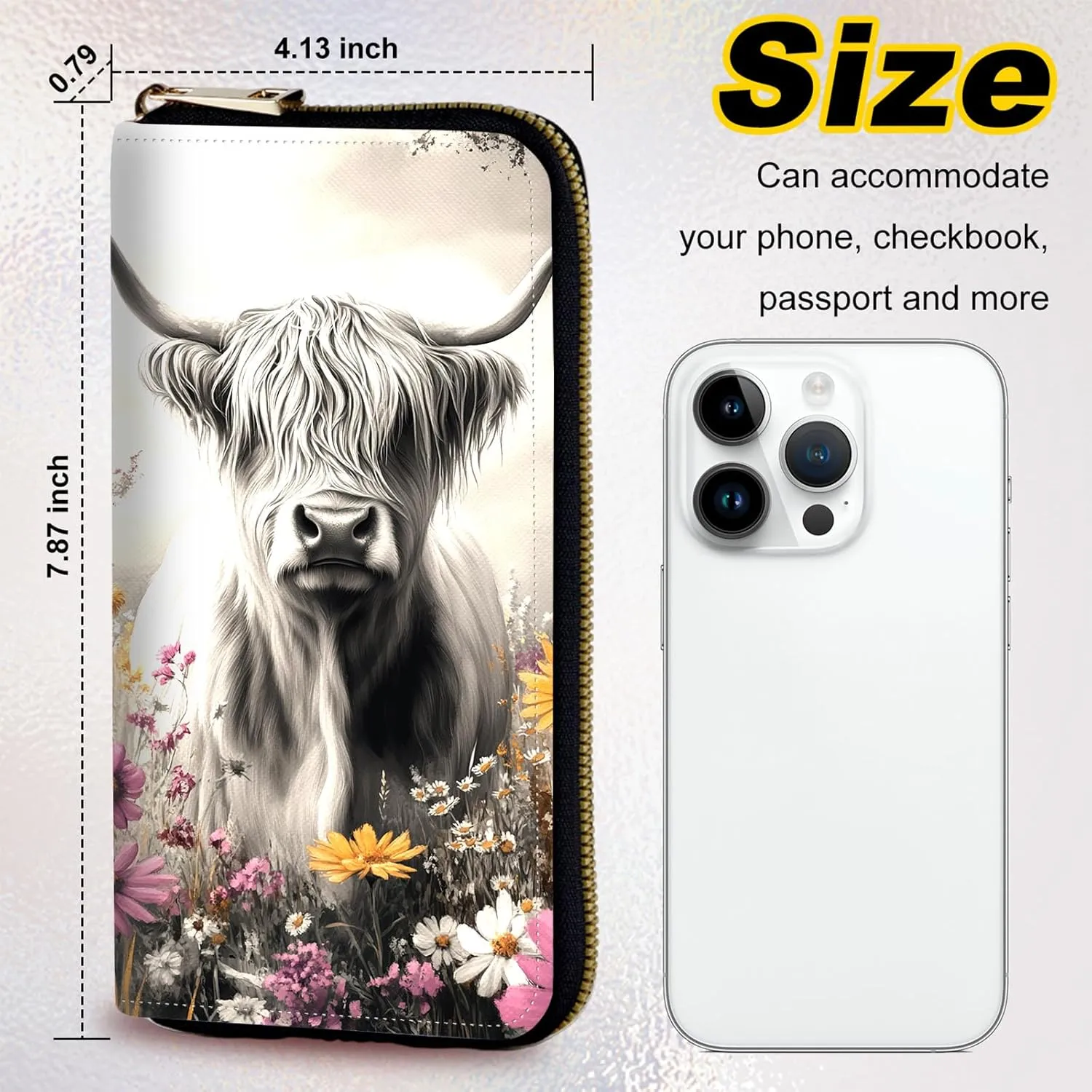 Womens Wallet, PU Leather Zipper Wallet Large Capacity RFID Wallets for Women with Multiple Card Slots & Wristlet, Small Women Wallet Coin Pocket for Men Clutch Travel Purse, Highland Cow Flower