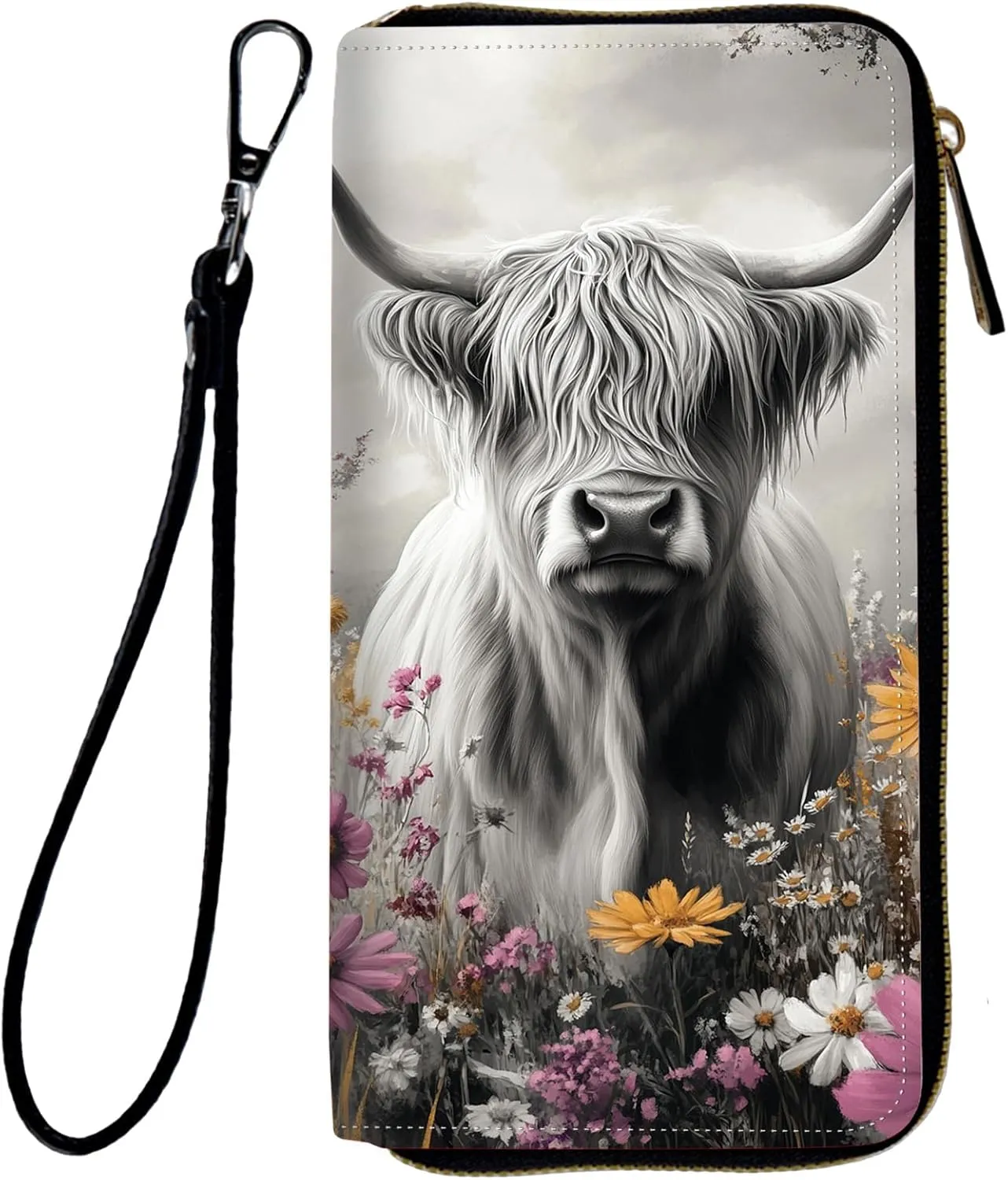 Womens Wallet, PU Leather Zipper Wallet Large Capacity RFID Wallets for Women with Multiple Card Slots & Wristlet, Small Women Wallet Coin Pocket for Men Clutch Travel Purse, Highland Cow Flower