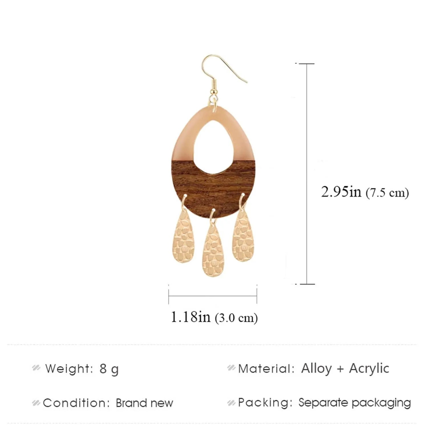 Wooden Resin Geometric Earrings for Women Girls Handmade Boho Lightweight Oval Teardrop Resin Natural Wood Two Tone Color Dangle Drop Statement Earrings Jewelry Gifts (Pink)