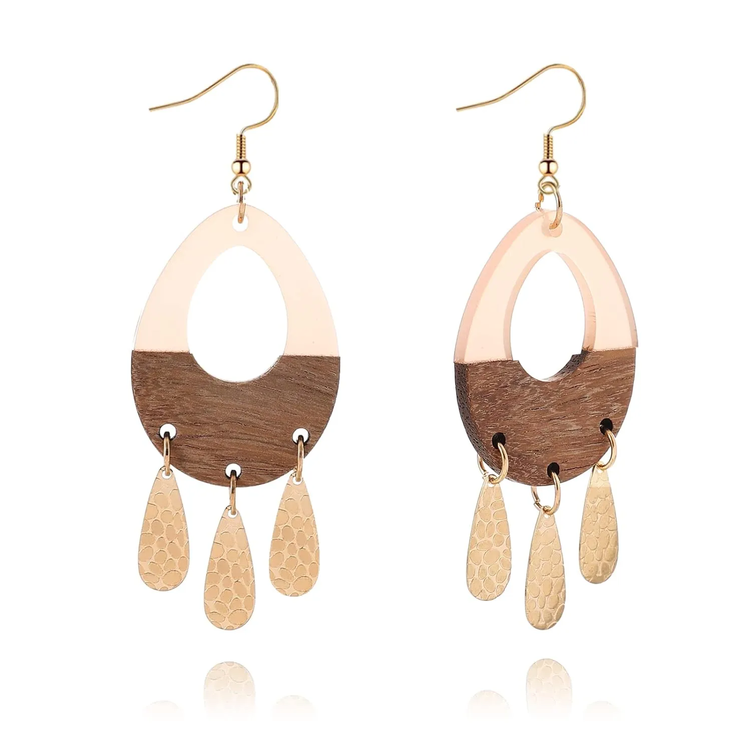 Wooden Resin Geometric Earrings for Women Girls Handmade Boho Lightweight Oval Teardrop Resin Natural Wood Two Tone Color Dangle Drop Statement Earrings Jewelry Gifts (Pink)