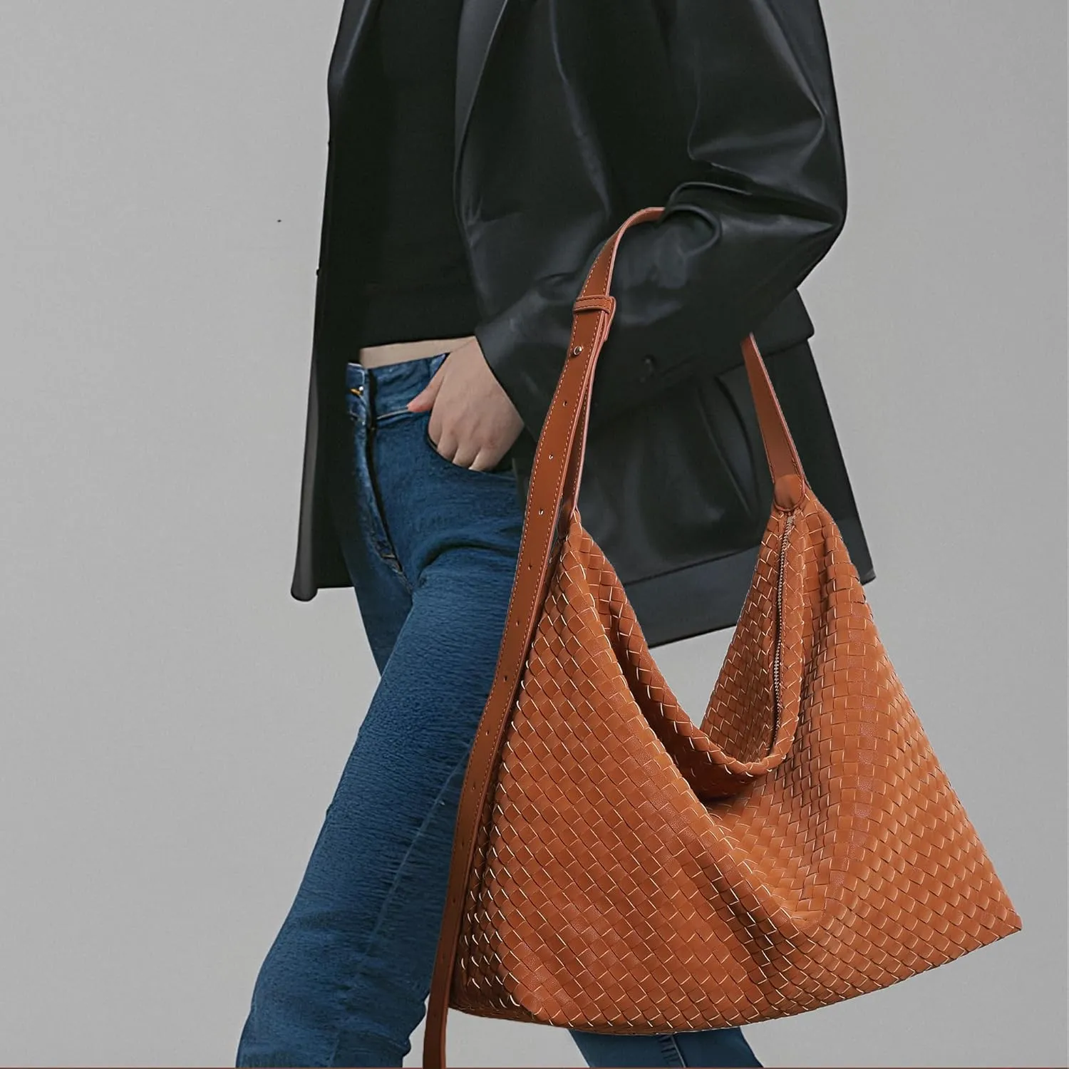 Woven Bag for Women, Vegan Leather Tote Bags Large Hobo Purses for Women Handmade Shoulder Bag with Adjustable Strap