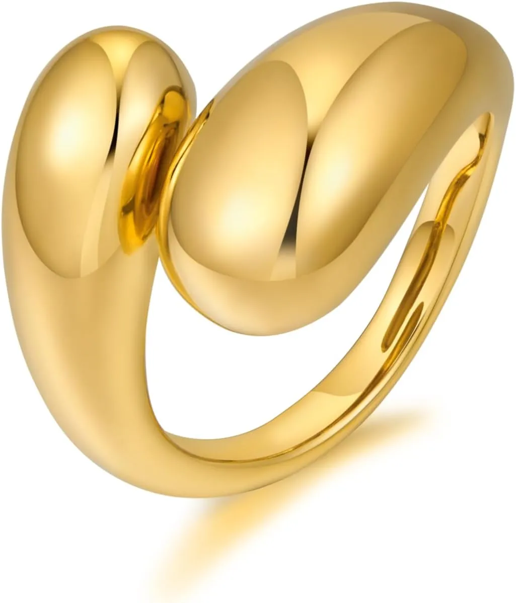 WOWORAMA Chunky Gold Rings for Women 18K Gold Plated Teardrop Dome Open Rings Thick Statement Rings Minimalist Stackable Band Ring Adjustable