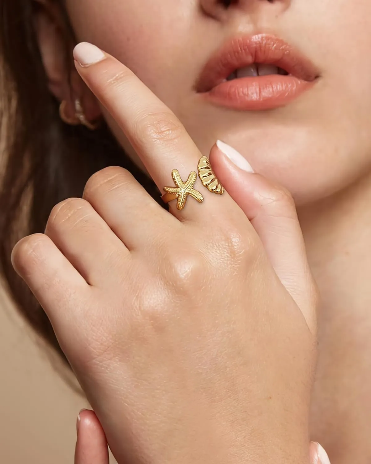 WOWORAMA Gold Conch Shell Starfish Rings for Women Chunky Adjustable Open Rings Gold Ocean Statement Rings Seashell Sea Star Rings Stackable Band Rings Summer Jewelry