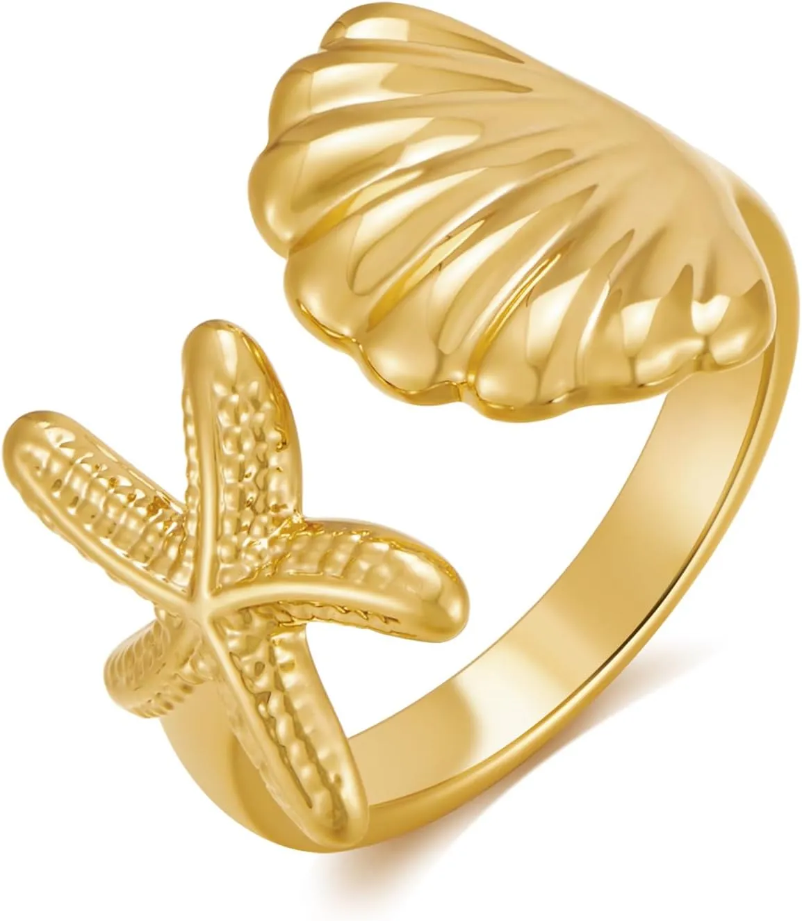 WOWORAMA Gold Conch Shell Starfish Rings for Women Chunky Adjustable Open Rings Gold Ocean Statement Rings Seashell Sea Star Rings Stackable Band Rings Summer Jewelry