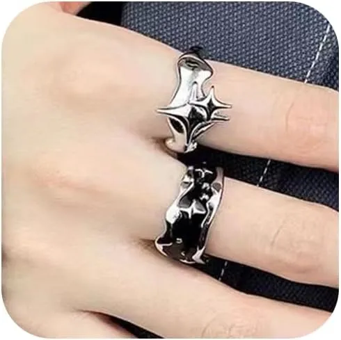 Y2k Rings for Women Black Silver Star Statement Rings Punk Grunge Goth Chunky Rings Adjustable Open Ring Set