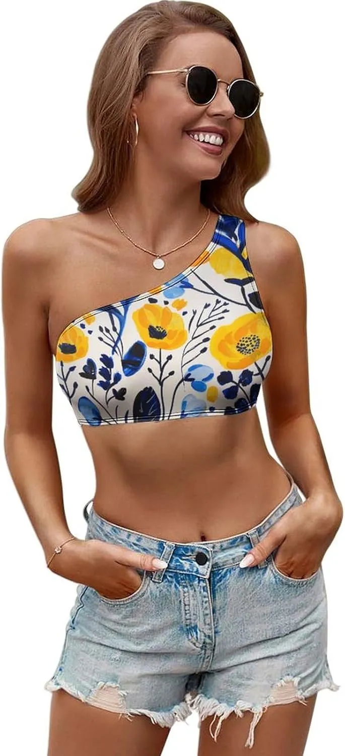 Yellow and Blue Flowers Seamless One Shoulder Sports Bra Asymmetrical Sports One Shoulder Bra for Women