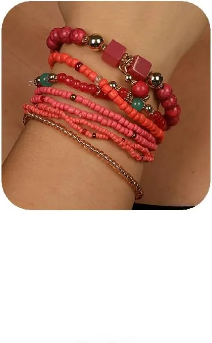 YERTTER 8pcs Bohemian Stretch Bracelet Stackable Vintage Bracelets String Multilayered Bracelets Beach Anklets Tassel Beads Strand Bracelet Bangle Vacation Accessories for Women Girls