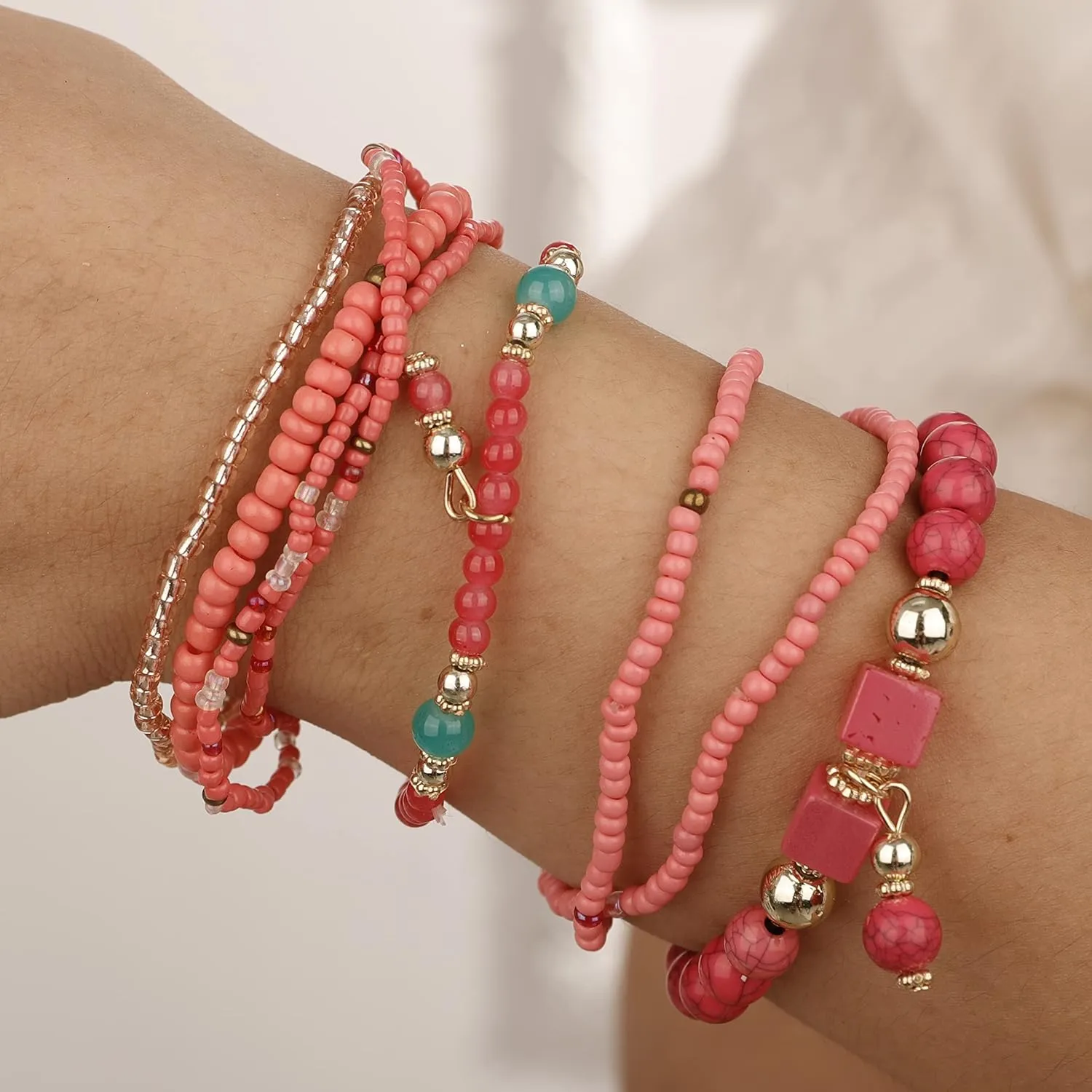YERTTER 8pcs Bohemian Stretch Bracelet Stackable Vintage Bracelets String Multilayered Bracelets Beach Anklets Tassel Beads Strand Bracelet Bangle Vacation Accessories for Women Girls